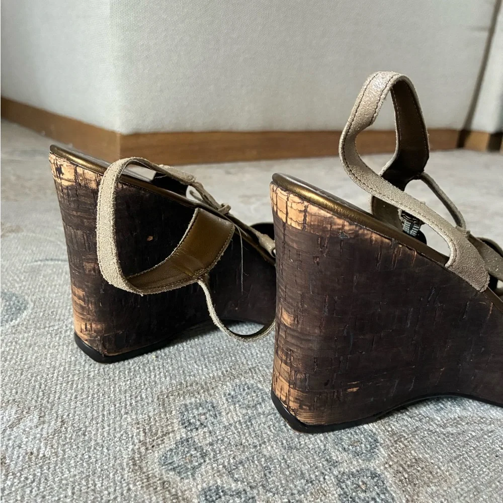 Made In Brazil Real Leather Brown and Gold Wedge Heels Size 9.5